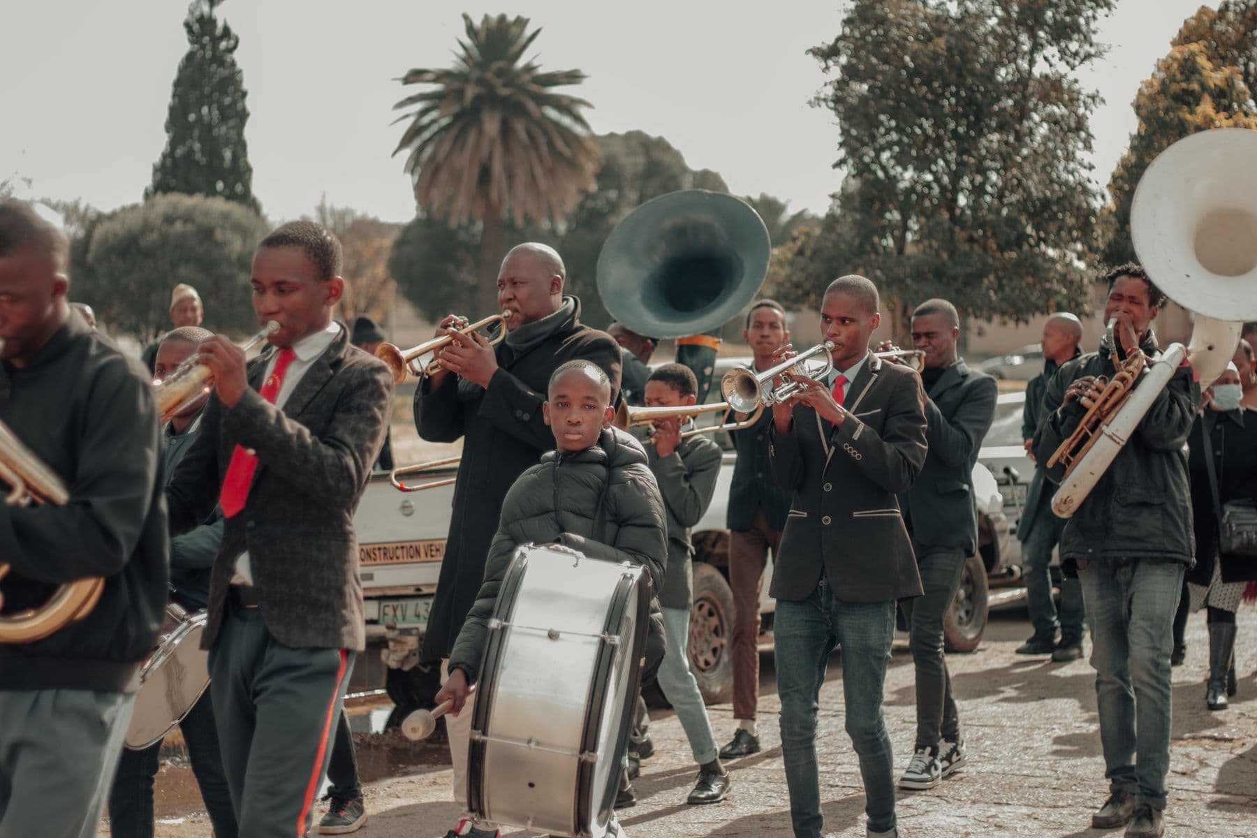 A youth brass band parading through a South African town.